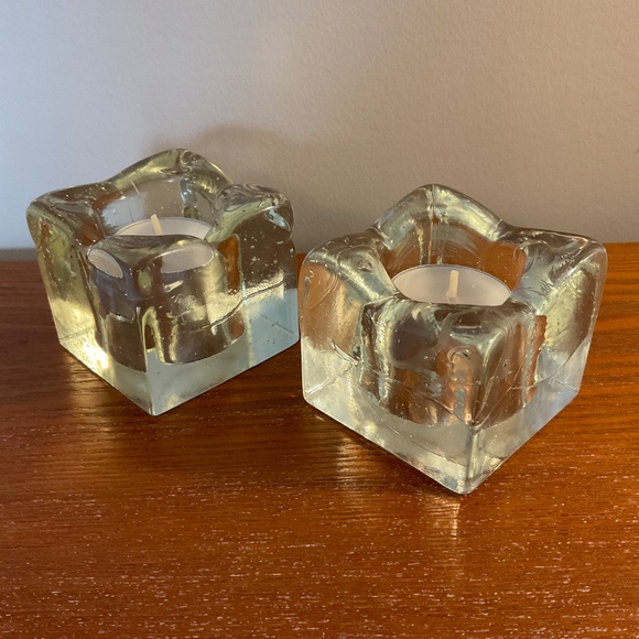 Vintage Clear Glass Square Ice Cube Candle Holders - Set of Two - Picture 3 of 16
